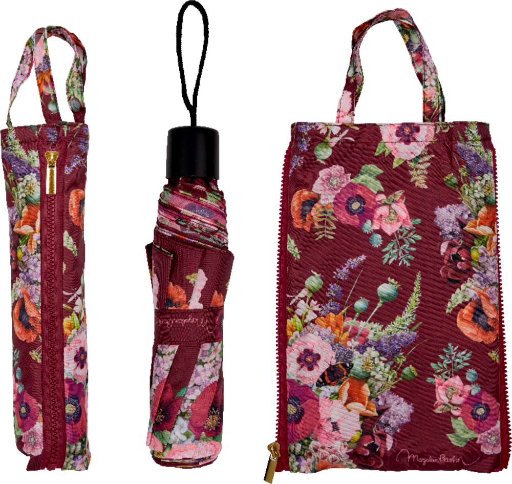 Floraler, bordeauxfarbener Regenschirm im geschlossenen Zustand mit passender Hülle.