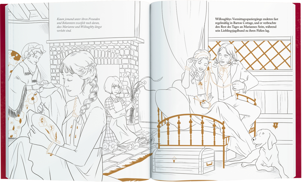 Zwei Frauen machen Handarbeiten vor einem Kamin, ein Paar mit einem Hund sitzt am Fenster – alles im Malbuchstil.