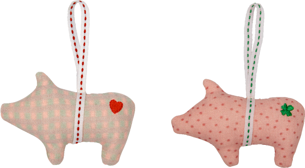 Stoff-Glücksschwein - Viel Glück Zwei kleine Stoffschweine mit Schlaufen: das rosa-karierte mit Herz, das gepunktete mit grünem Kleeblatt auf dem Rücken.
