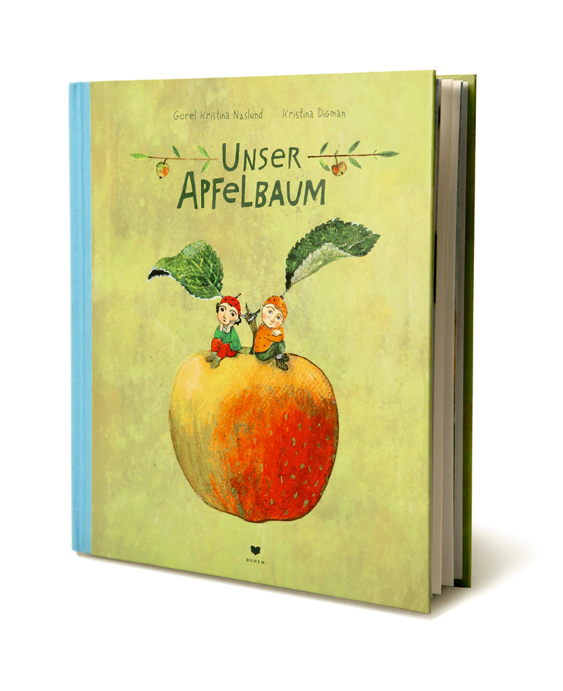 Unser Apfelbaum: Zwei Kinder sitzen auf einem großen Apfel – ein liebevoll illustriertes Kinderbuch.