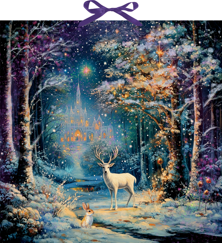 Magischer Winterwald, Wand-Adventskalender Ein weißer Hirsch und ein Kaninchen stehen in einem verschneiten, magischen Wald mit einem leuchtenden Schloss im Hintergrund.