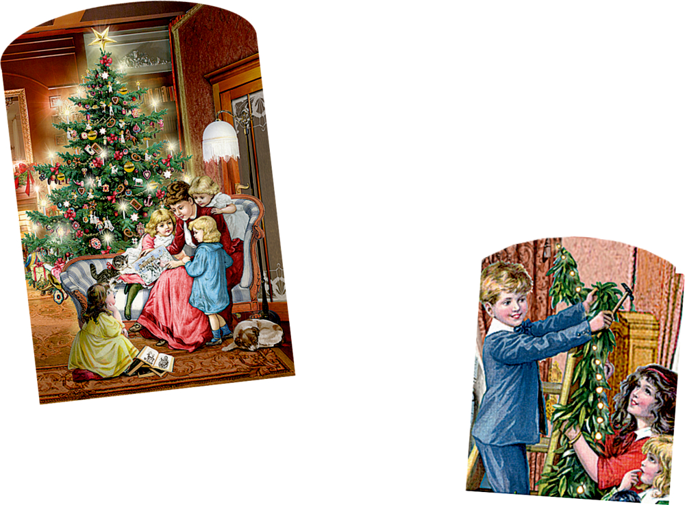 Eine Familie versammelt sich um einen leuchtenden Weihnachtsbaum, während zwei Kinder in der Nähe weihnachtliche Girlanden aufhängen.