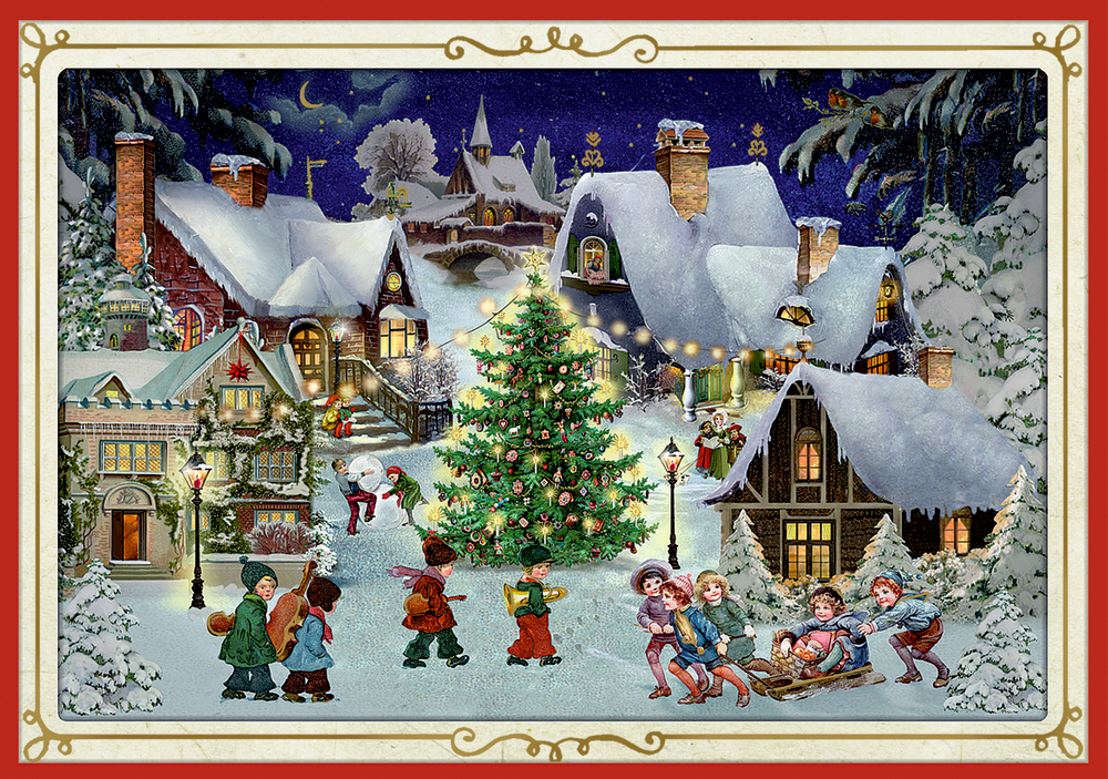 Kinder spielen im verschneiten Dorf um einen geschmückten Weihnachtsbaum, umgeben von festlich beleuchteten Häusern.