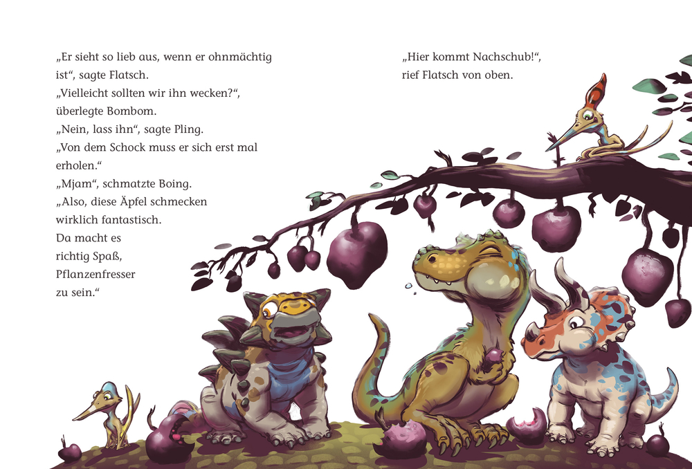 Vier Comic-Dinosaurier stehen unter einem Apfelbaum, während ein fünfter Dinosaurier von einem Ast darüber nach ihnen ruft, darum r Text auf einer Innenansicht.
