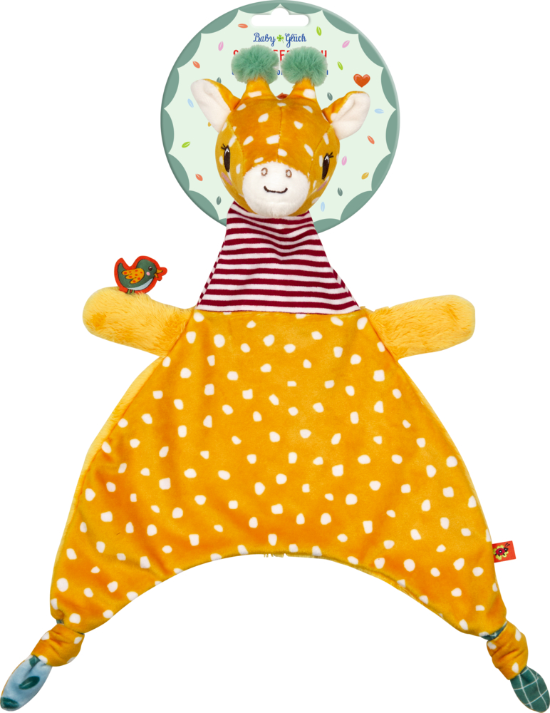 Stofftuch mit Giraffenkopf und runder, bunter Pappkarte dahinter