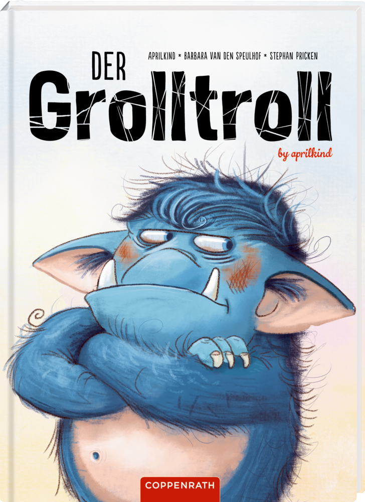 Ein blauer Troll mit verschränkten Armen und mürrischem Gesicht ziert das Cover des Buches „Der Grolltroll“.
