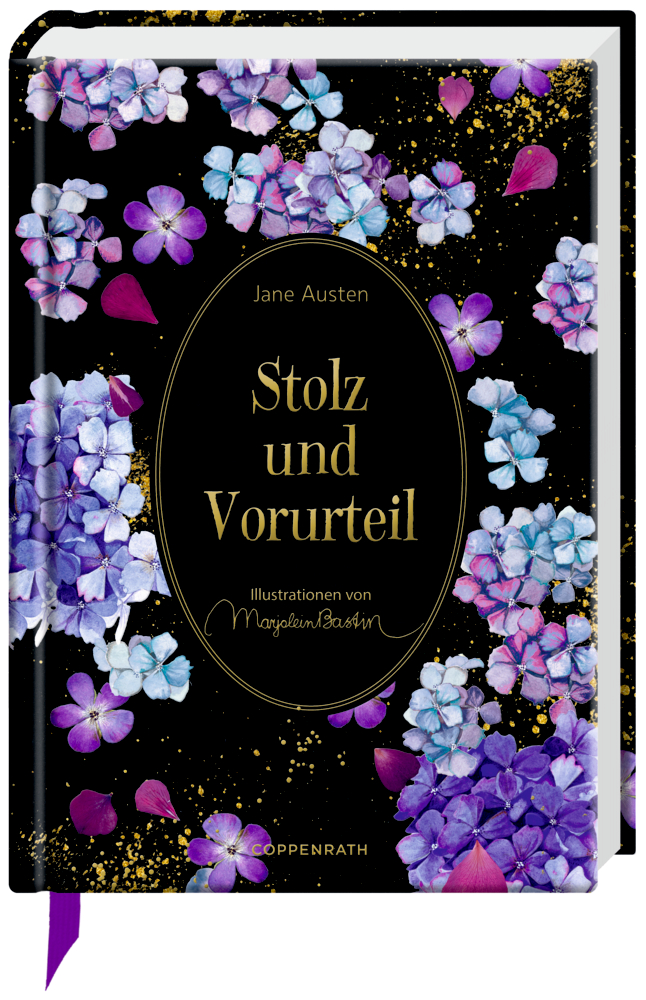 Schmuckausgabe (M. Bastin): Jane Austen, Stolz und Vorurteil Buchcover „Stolz und Vorurteil“ mit violetten und blauen Blumen auf schwarz-goldenem Hintergrund.