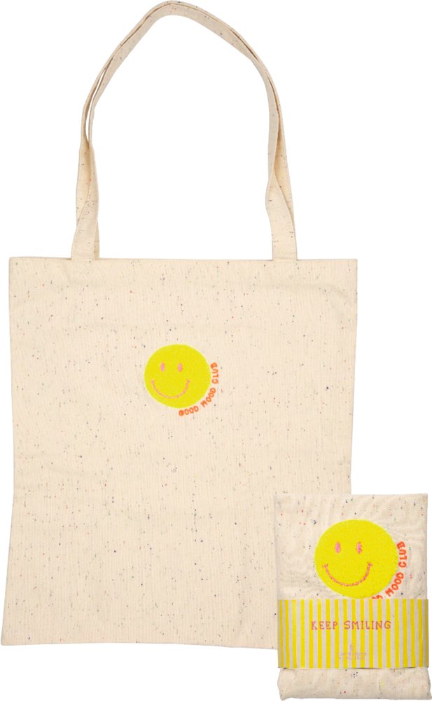 Beige Tragetasche mit gelbem Smiley und Text Keep Smiling, daneben eine zusammengelegte Version.