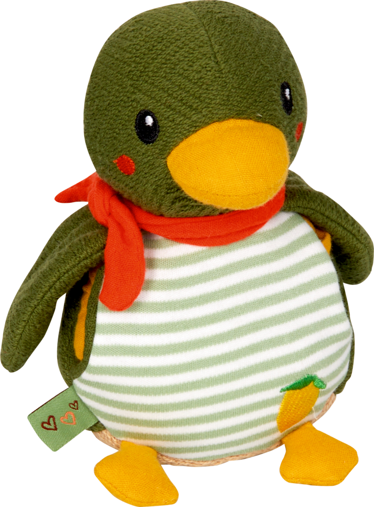 Grüne Stoffente mit gestreiftem Bauch, orangefarbenem Schnabel und rotem Schal.