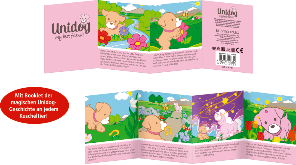Ziehharmonika-Broschüre mit Cartoon-Tieren in lebendigen Outdoor-Szenen und rosa Unidog-Branding auf dem Cover.