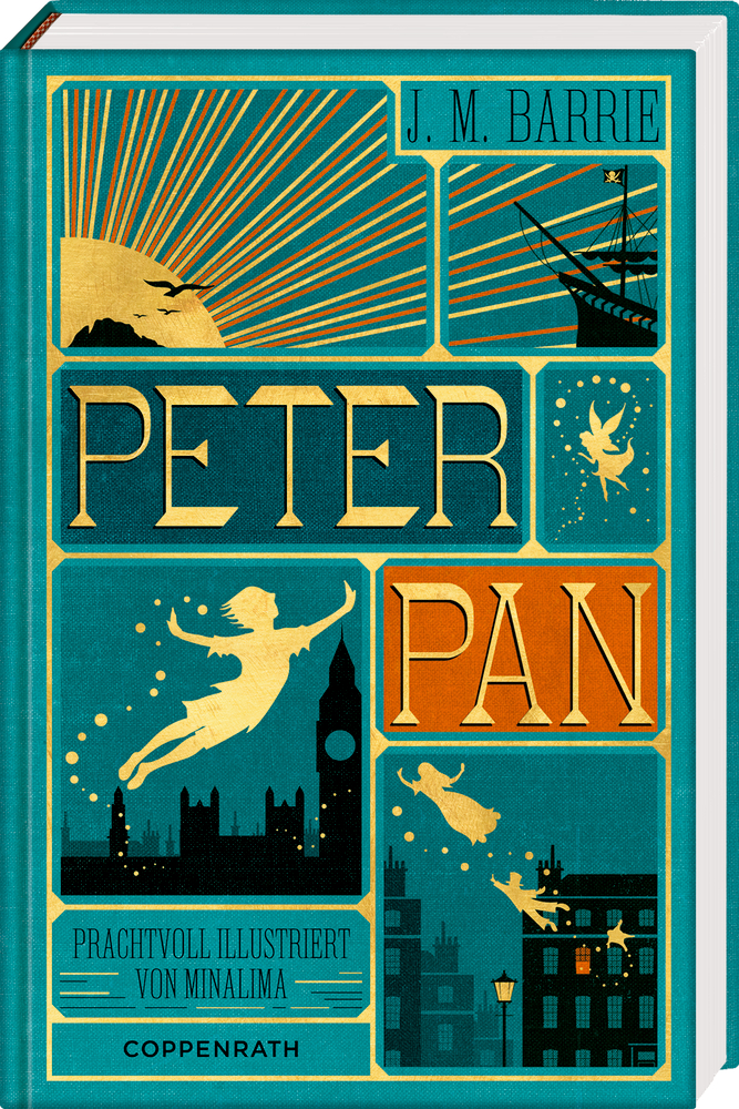 Peter Pan ( MinaLima) Buchcover „Peter Pan“: fliegende Silhouetten, Big Ben, Sterne, Piratenschiff; Farbschema in Blaugrün und Orange.