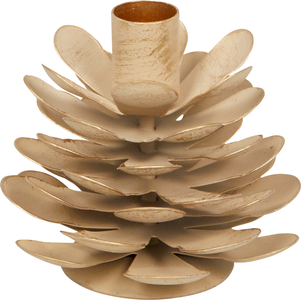 Cremfarbener Kerzenhalter mit Goldakzenten aus Metall in Zapfenform mit schichtartigen, blütenblattähnlichen Segmenten.