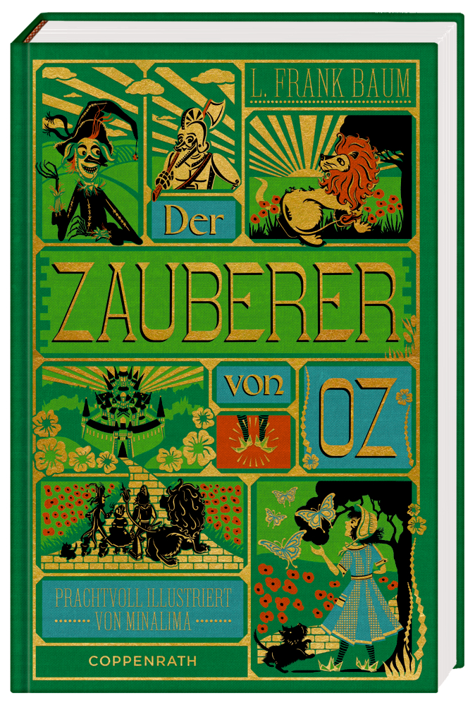Der Zauberer von Oz (MinaLima Klassiker) Farbenfroh illustriertes Cover von „Der Zauberer von Oz“ mit Szenen und Figuren auf einem leuchtend grünen Hintergrund.