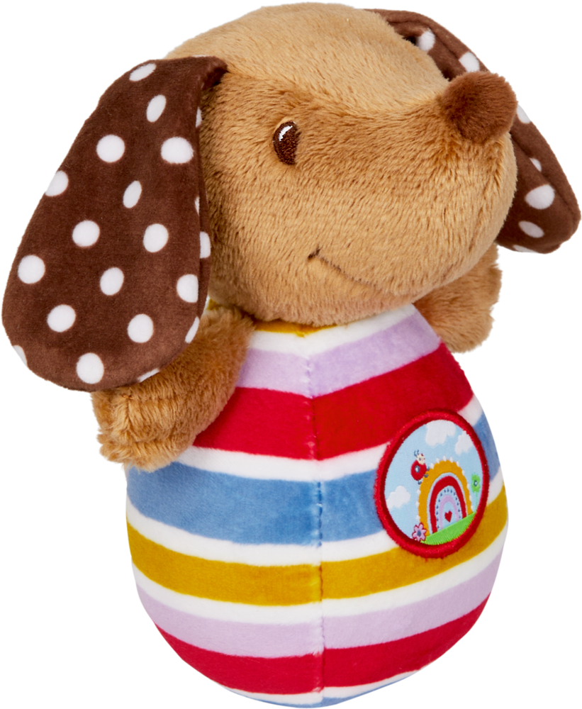 Steh-auf-Dackel mit Glockenspiel - BabyGlück Plüsch-Hundespielzeug mit braunen gepunkteten Schlappohren, bunt gestreiftem Greifkörper und einem kleinen Regenbogenfleck.