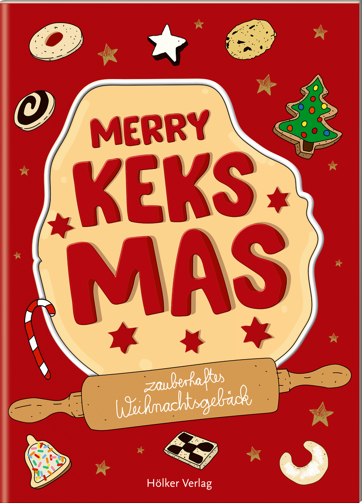 Roter Bucheinband mit Weihnachtsplätzchen, Sternen und „Merry Keksmas“ in Fettdruck auf einem keksförmigen Hintergrund mit Nudelholz.