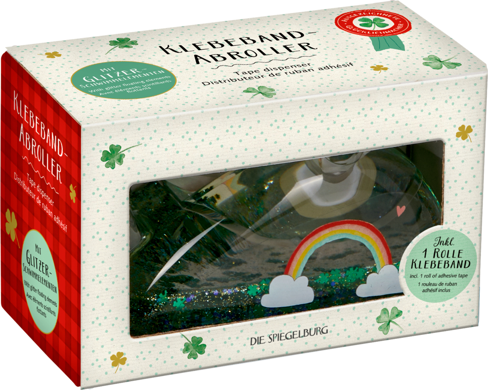Klebebandspender in einer Schachtel mit Glitzer, Regenbogen, Kleeblättern und deutschem Text auf der Verpackung.