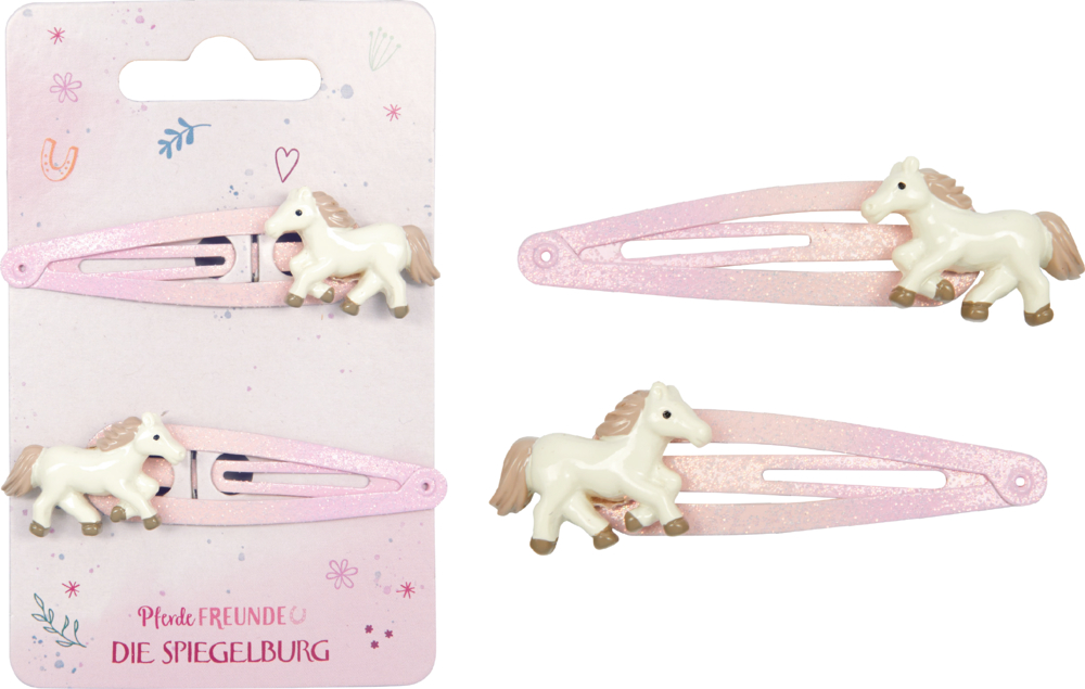 Zwei rosafarbene Glitzer-Haarspangen mit weißen Pferdefiguren auf einer Displaykarte.
