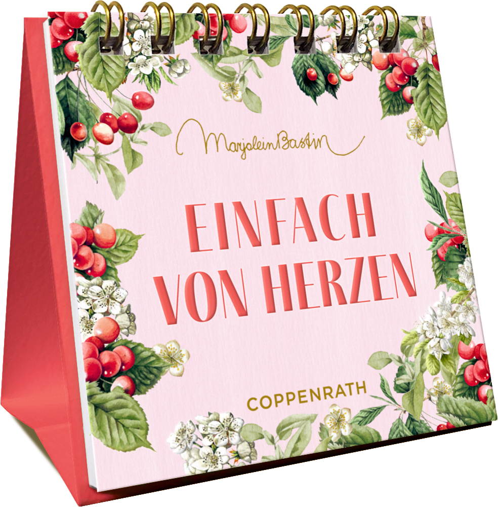 Rosa Tisch-Kalender, Blumenmuster, Aufschrift Einfach von Herzen auf dem Cover.