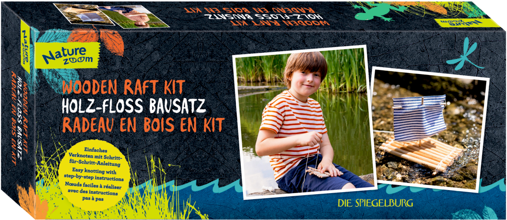 Bausatz Holz-Floß - Nature Zoom Bausatzbox für ein Holzfloß mit einem lächelnden Kind am Wasser und einem kleinen zusammengebauten Holzfloß.