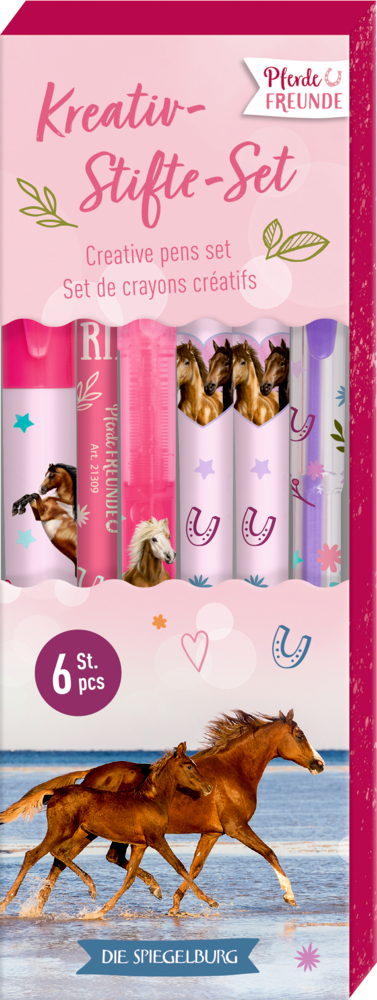 Kreativ-Stifte-Set - Pferdefreunde Rosa Pappschachtel mit galoppierenden Pferden und Sichtfenster, in dem Stifte mit Pferdemotiven zu sehen sind.