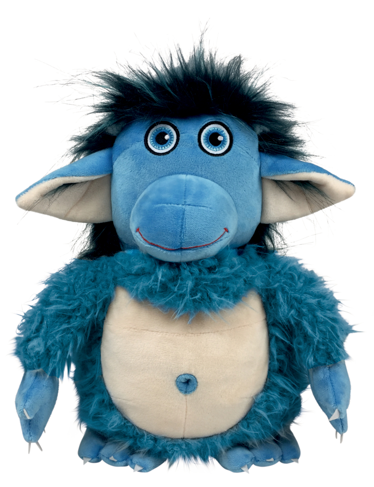 Plüschfigur Der Grolltroll (ca. 31. cm)  Blaues Plüschtier mit großen Ohren, runden Augen, pelzigem blauen Körper und beigem Bauch, nach vorne gerichtet.