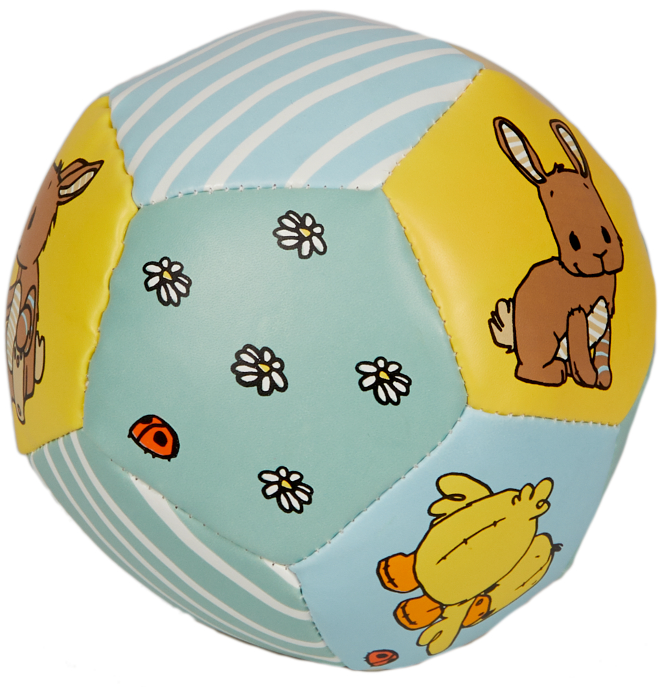 Bunter Spielball mit Tierillustrationen, Gänseblümchen, einem Marienkäfer und hellblau gestreiften Paneelen.