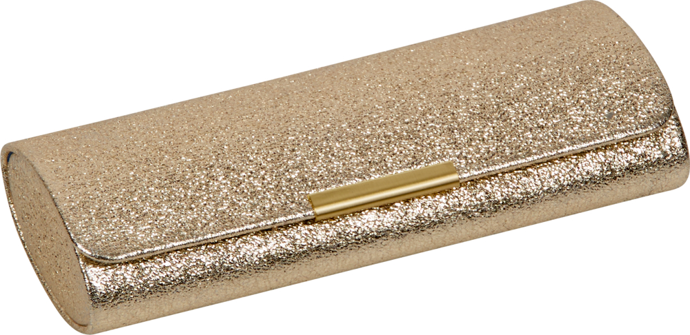 Goldglitzerndes Brillenetui mit goldenem Metallverschluss.