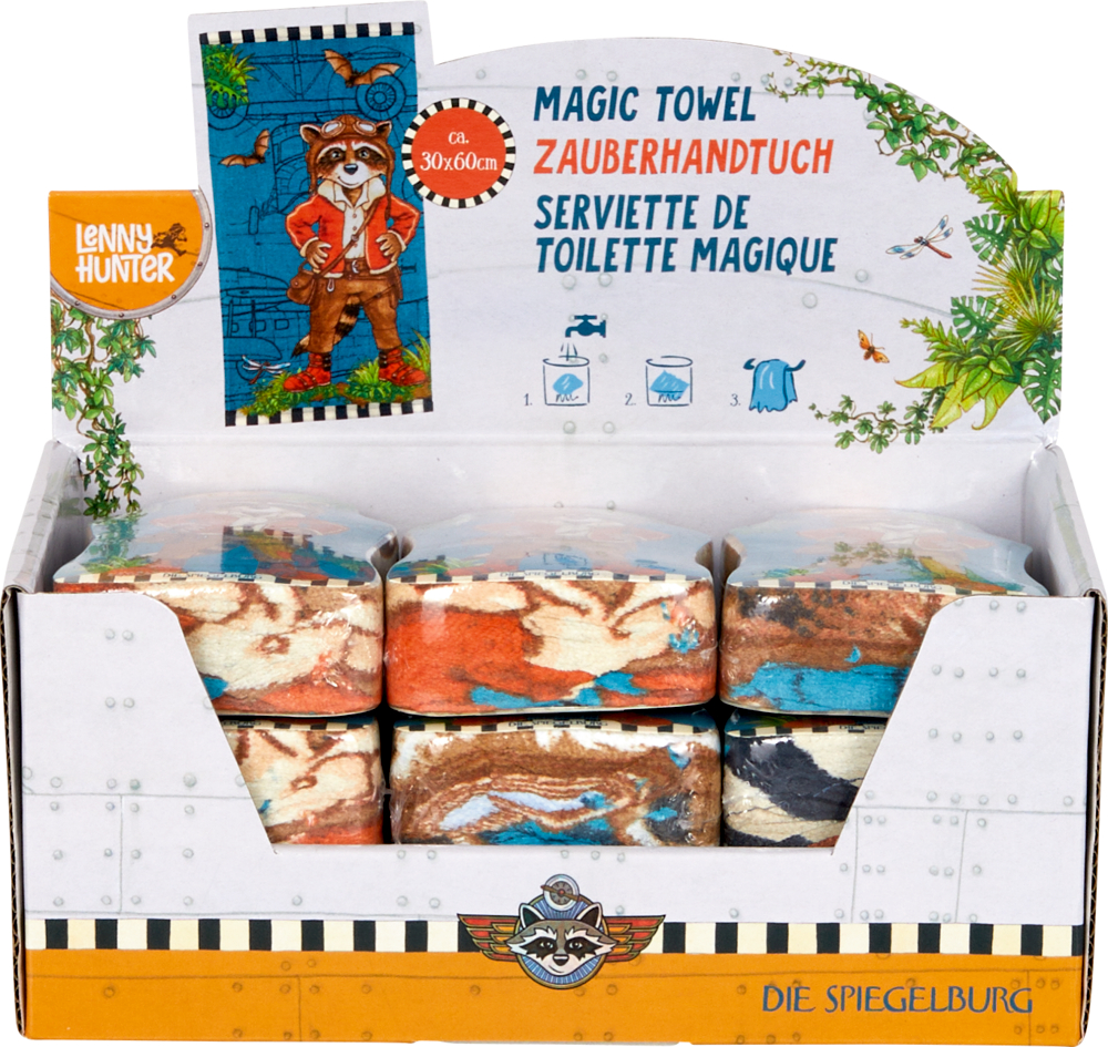 Displaybox mit magischen Handtüchern von Lenny Hunter mit einem Waschbär-Flieger im Cartoon-Stil auf der Verpackung.