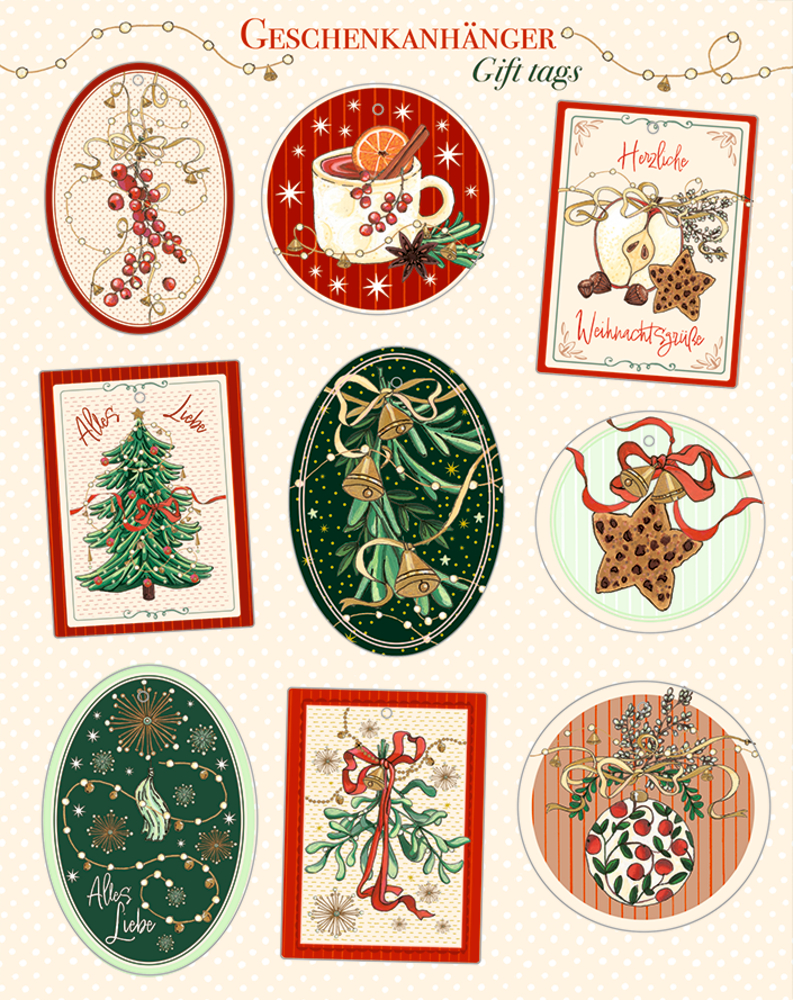 Neun weihnachtliche Geschenkanhänger mit Motiven wie Tasse, Zweigen, Glocken, Stern, Mistel, Schleife und Baum auf verschiedenfarbigen Hintergründen.