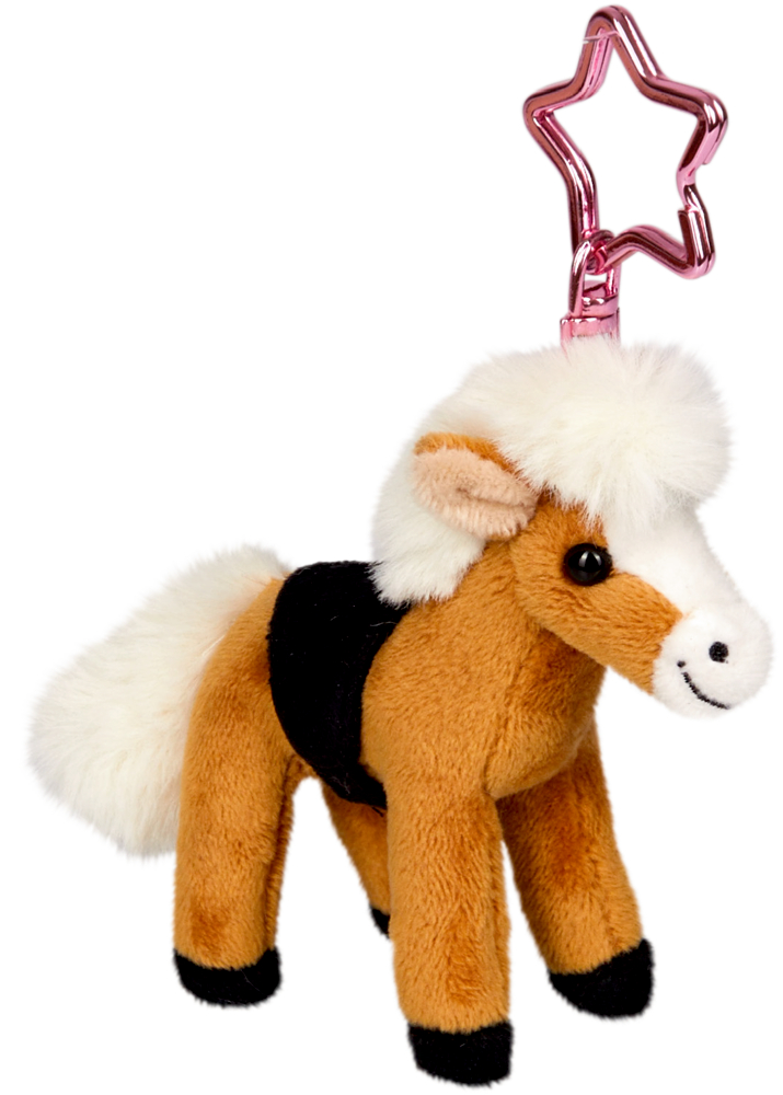 mittelbraun, Anhänger - Pferdefreunde Mittelbrauner Plüschpferd-Schlüsselanhänger mit flauschiger, weißer Mähne und Schweif, braunem Sattel und einer rosa Sternklammer.