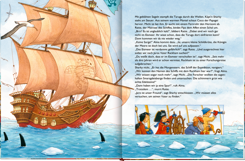 Ein illustriertes Piratenschiff segelt durch eisige Gewässer, während Piraten unten reden und durch ein Fernglas spähen über ihnen befindt sich r Text auf der Doppelseite.