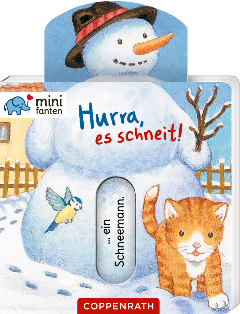 Schneemann, Katze und Vogel in einem verschneiten Hof, auf dem Cover von „Hurra, es schneit!“.
