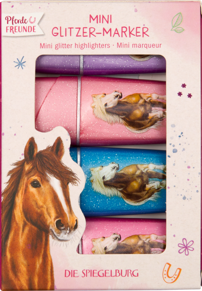 Box mit mini glitter Markern, Pferdebilder, pinke und blaue Marker, Pferdezeichnung auf der Box.