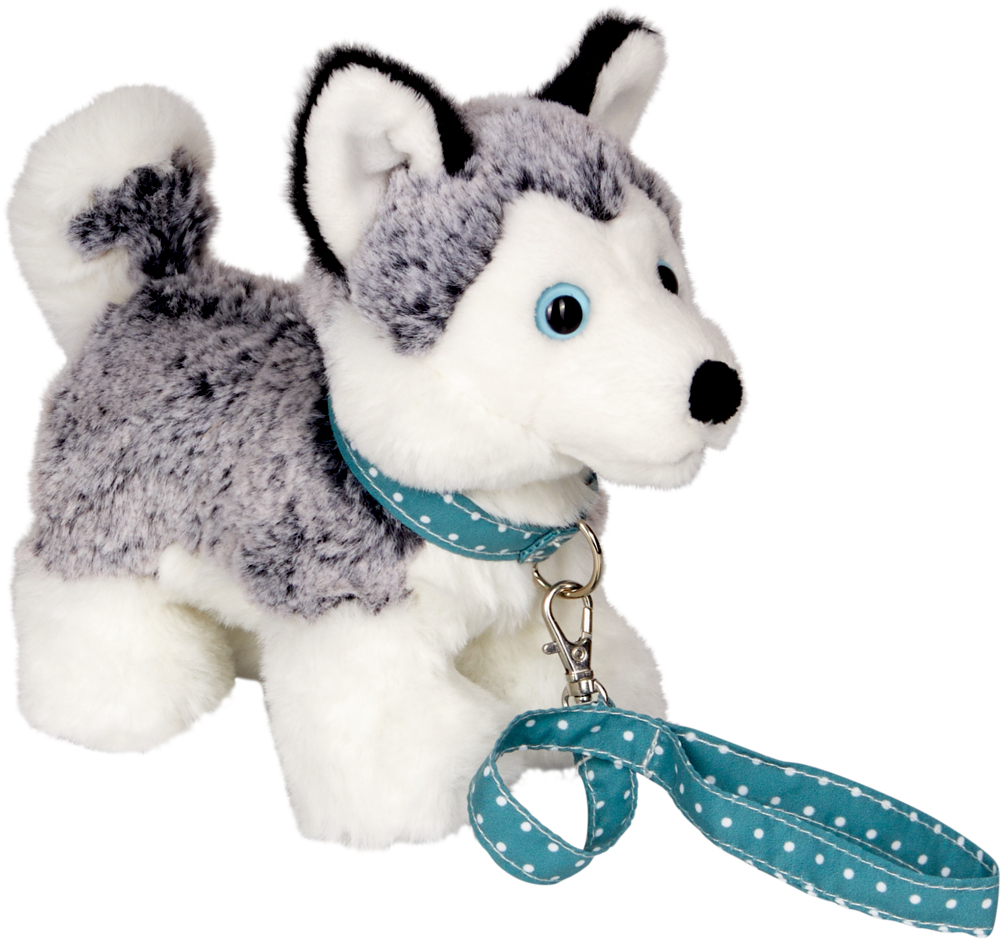 Welpe Leni mit Leine - Lustige Tierparade Plüsch-Husky mit blauem Punkthalsband und passender Leine, nach rechts blickend.