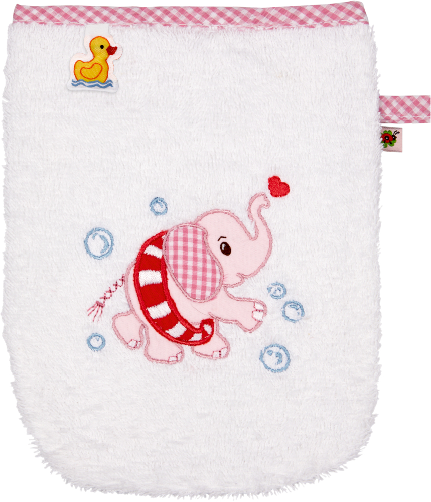 Waschhandschuh Elefant, rosa - BabyGlück Weißer Waschhandschuh mit rosa Gingham-Besatz, gesticktem Elefanten, Blasen und einem gelben Entenaufnäher.