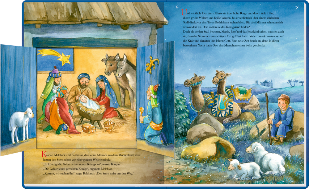 Weihnachtskrippe: Maria, Josef, Jesuskind, Heilige Drei Könige, Tiere, Stern; Hirten und Kamele in der Nähe.