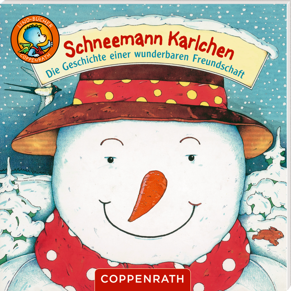 Schneemann mit rotem Schal und Mütze lächelt unter verschneitem Himmel, auf dem Cover von "Schneemann Karlchen".
