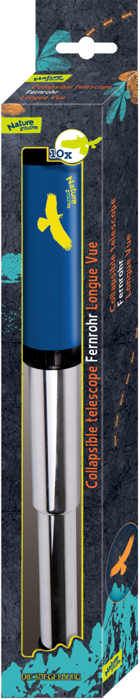 Blau-silbernes zusammenklappbares Fernroh in einer Schachtel, mit einem gelben Vogellogo auf der Verpackung.