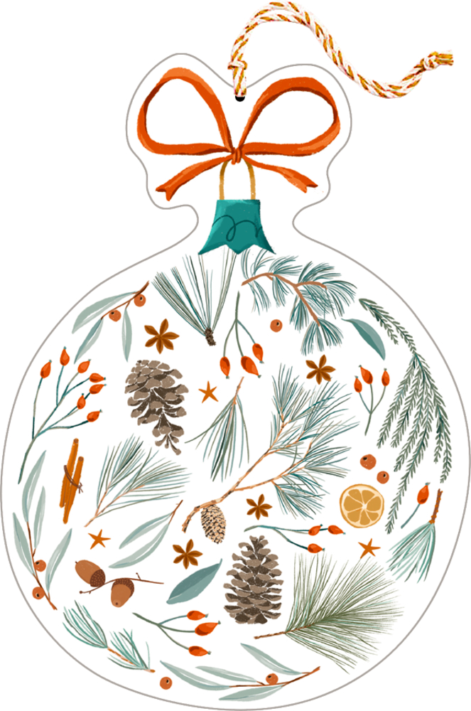 Detailabbildung der Karte: Weihnachtskugelmit Tannenzapfen, Nadeln, Beeren, Orangenscheiben und einer roten Schleife obendrauf.