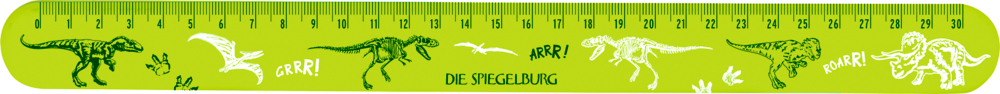 Grünes Armband mit kleinen T-Rex-Illustrationen und dem Logo Die Spiegelburg.
