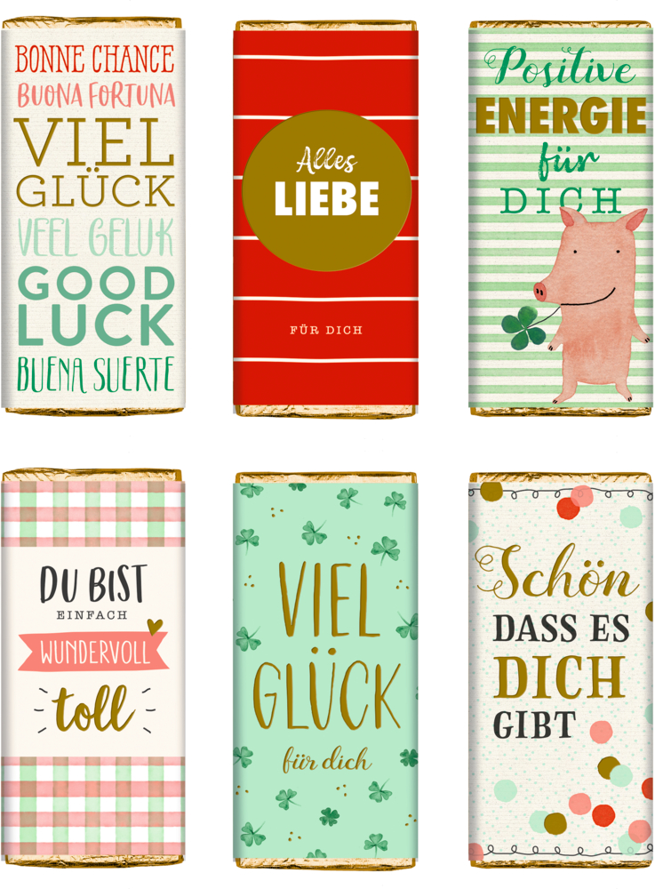 Glücks-Schokolade - Viel Glück (30 g) Sechs bunte Schokoladentafeln mit fröhlichen Botschaften und dekorativen Mustern.
