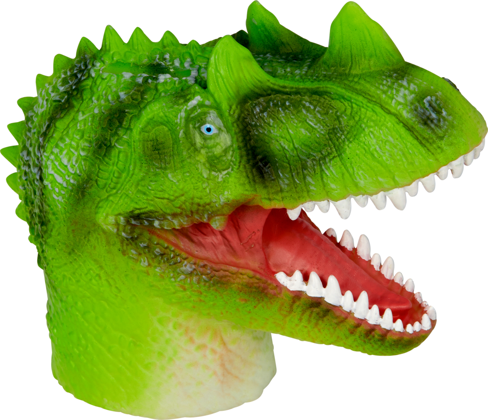 Grünes Dinosaurierkopfspielzeug mit offenem Mund, sichtbaren weißen Zähnen und roter Innenseite.