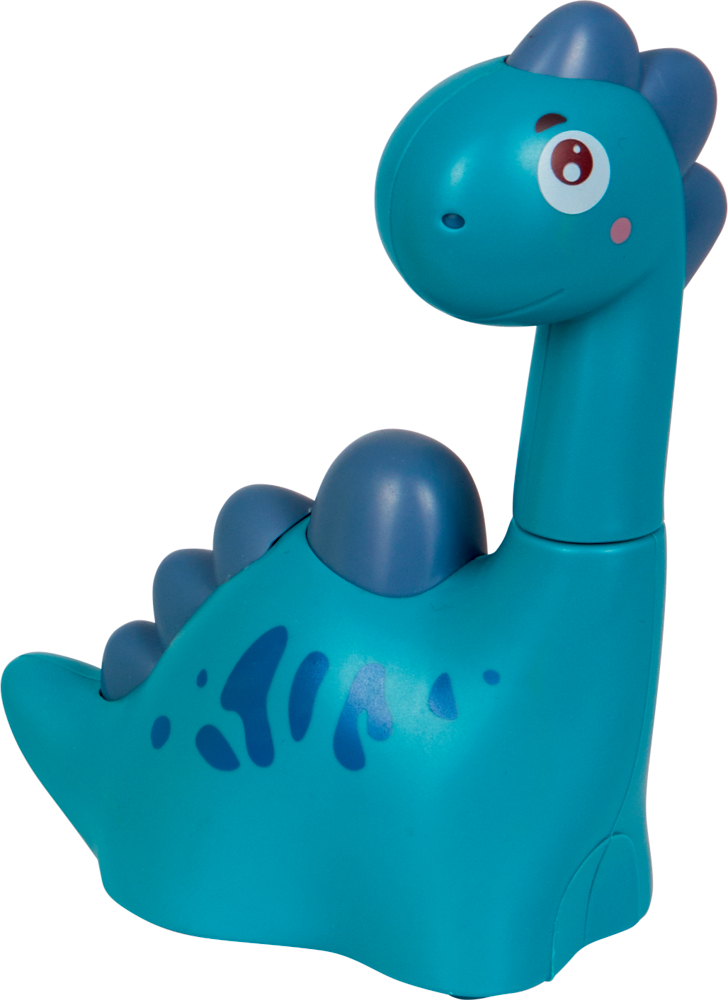 Lächelndes blaues Dinosaurierspielzeug mit dunkelblauen Flecken und Stacheln auf dem Rücken.