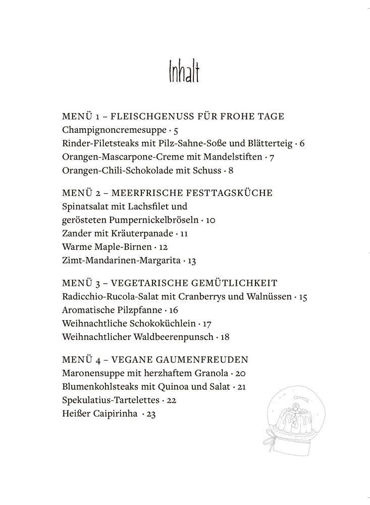 Festtagsmenü: Festliche Gerichte in vier Kategorien, darunter auch Fisch und vegetarische Optionen.