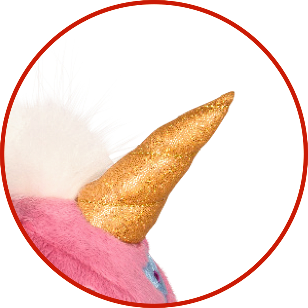 Goldglitzerndes Horn eines Einhorns auf rosa Plüschtier mit weißer Mähne, innerhalb einer roten Kreisumrandung.