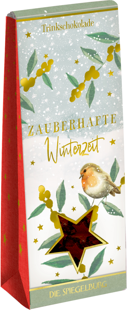 Festlich verpackte Trinkschokolade mit Rotkehlchen, goldenen Sternen, Stechpalme und Winterzeit-Text.
