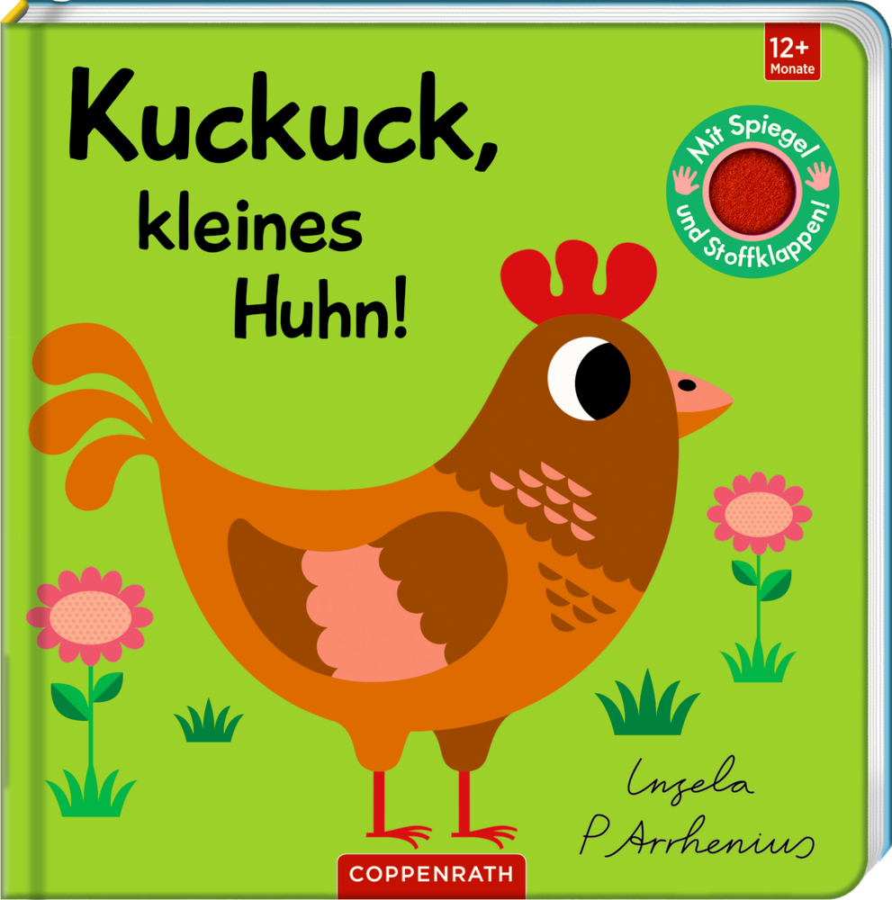 Mein Filz-Fühlbuch: Kuckuck, kleines Huhn! Braune Henne auf grünem Hintergrund mit rosa Blumen und Text auf dem Cover des Kinderbuchs "Kuckuck, kleines Huhn!".