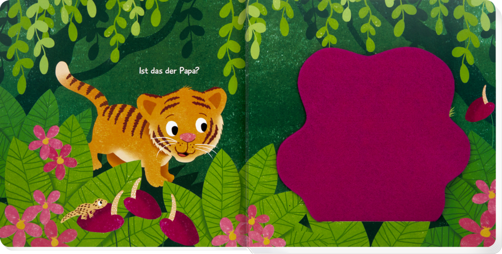 Cartoon-Tigerjunges in üppigem Dschungel mit rosa Blüten und Blättern, neben einer violetten Klappe stehend, auf einer Doppelseite mit Text.