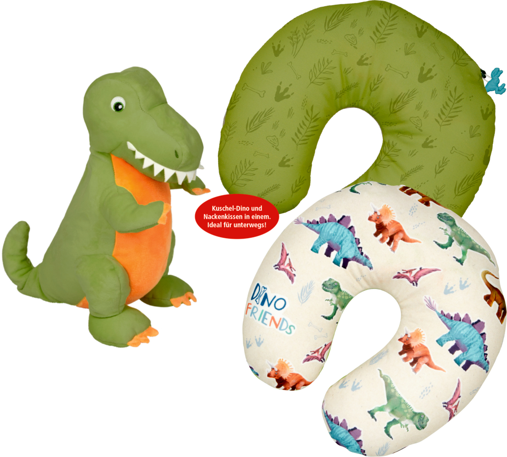 Plüsch-Dinosaurier mit zwei Nackenkissen: eines grün, eines weiß mit bunten Dino-Motiven.