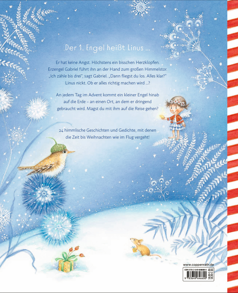 Buchrückseite mit Illustration mit kleinem Engel in blauem Kleid, Vogel mit Eichelhut, Maus mit Käse und kleinem Geschenk im Schneelandschaft-Hintergrund.